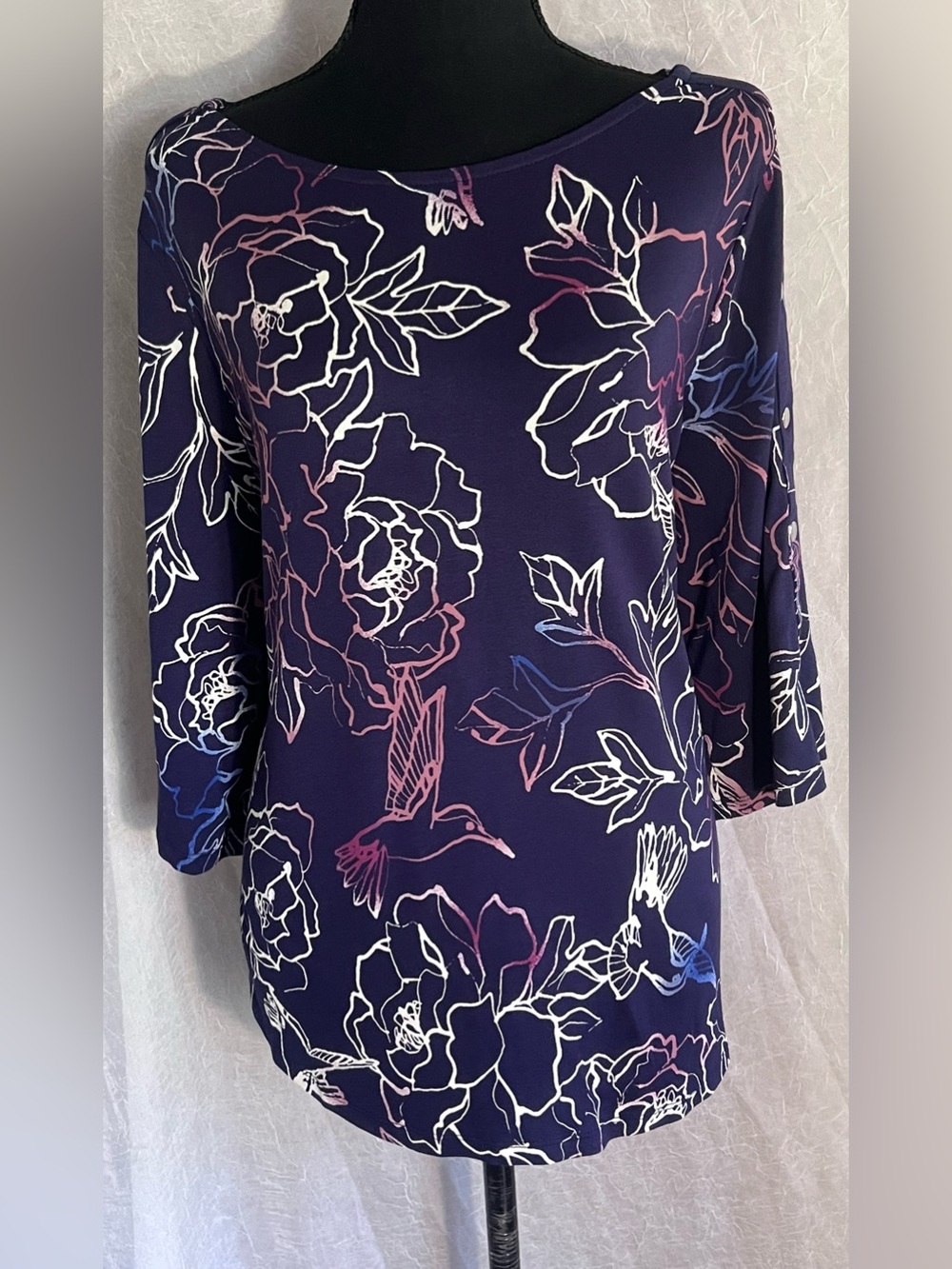 NWT Apt. 9 Navy Floral Boatneck Top with Pink & White Accents